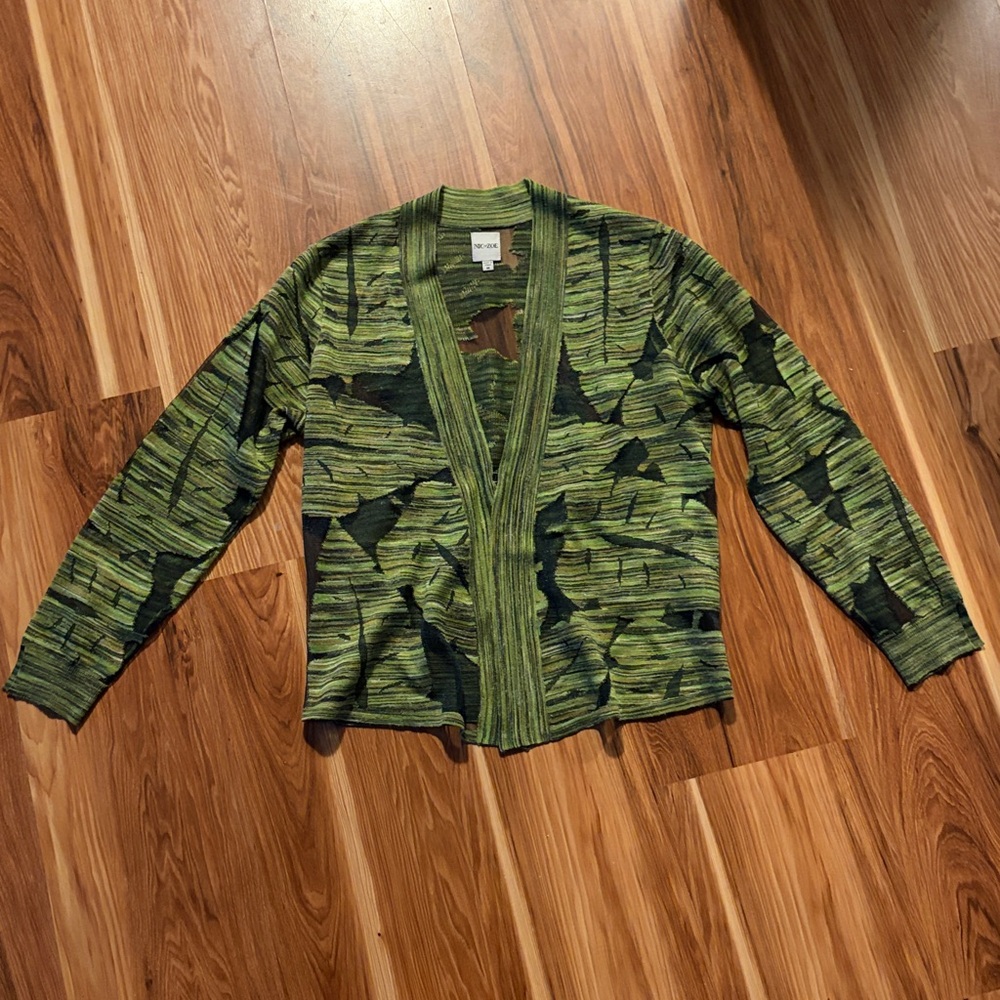 NIC + ZOE Striped & Abstract Open Cardigan in Green and Black